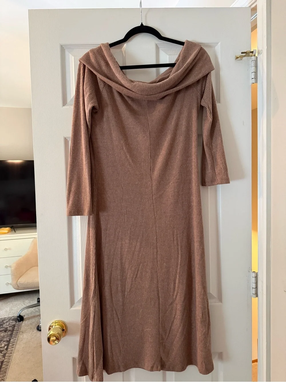 Mocha Ribbed Knit Foldover Off Shoulder Midi Dress
